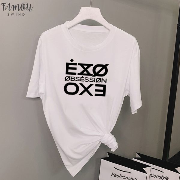 

fashion letter printed tshirt v neck women kpop exo obsession t shirt casual short sleeve tee shirt fasns clothes, White