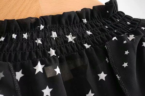 

women autumn ruffles long sleeve chiffon print office lady casual black shirt star pattern printing smock, White