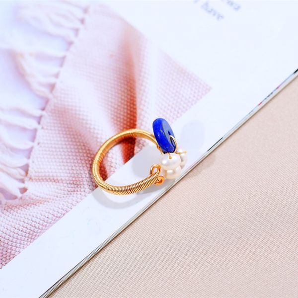 

dmjz038014 pearl ring blue lapis lazuli 5-6mm pearl rings for women adjustable, Golden;silver
