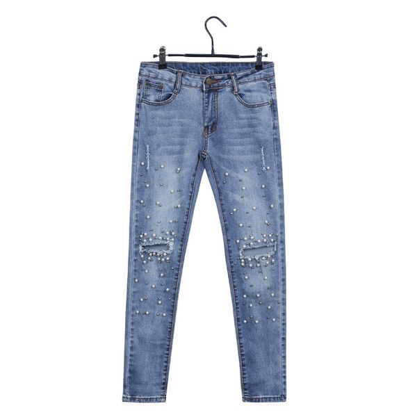

Streetwear Pearl Hole Jeans Female Casual Pocket Skinny Pencil Jean Pants Destroyed Ripped Denim Jeans Women Trousers