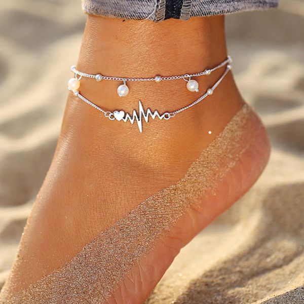 S1272 Hot Fashion Jewelry Beads Chain Cavigliera Doppio strato Ecg Beach Cavigliere Catene Accessori per piedi