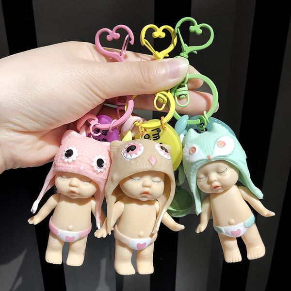 

cute cartoon sleeping baby doll bell key chain pvc animal hat baby car keyring women key holder bag charm jewelry gift child toy, Silver