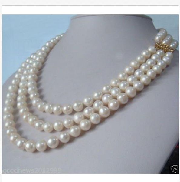 

3 strands natural 9-10mm akoya white pearl necklace 18-19-20" 14k gold clasp, Silver