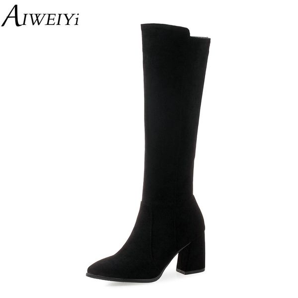 

aiweiyi female fashion boots slim zipper warm short boots short plush knee high 2018 women's chunky heel black shoes