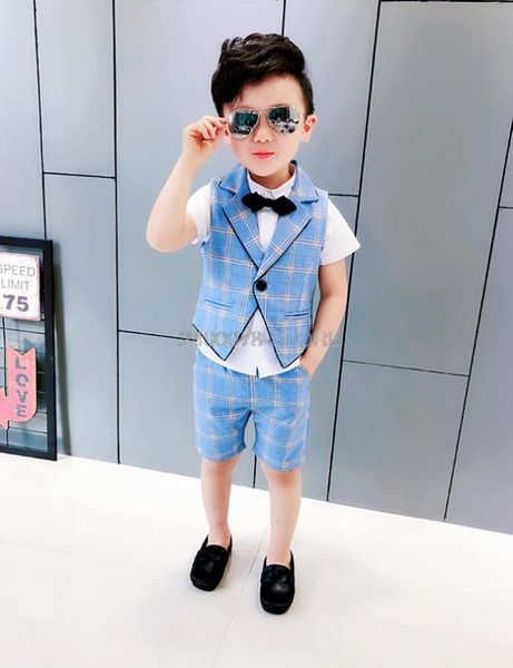 

2020 kids wedding clothing set boys graduation formal summer suit vest +shorts 2pcs children piano dance performance costume, White