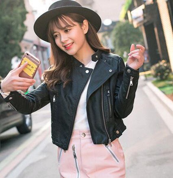 

women spring and autumn new style authentic fashion personality slim european and american fashion han edition leather coat / s, Black