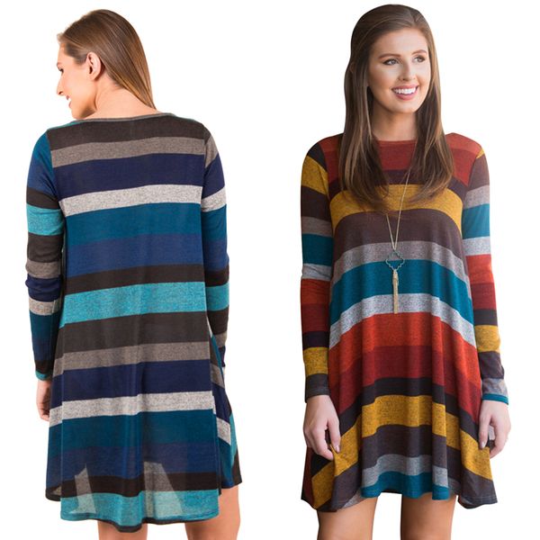 

loose winter casual dresses women's skirt wide stripe print long sleeve dress women clothing 182, Black;gray