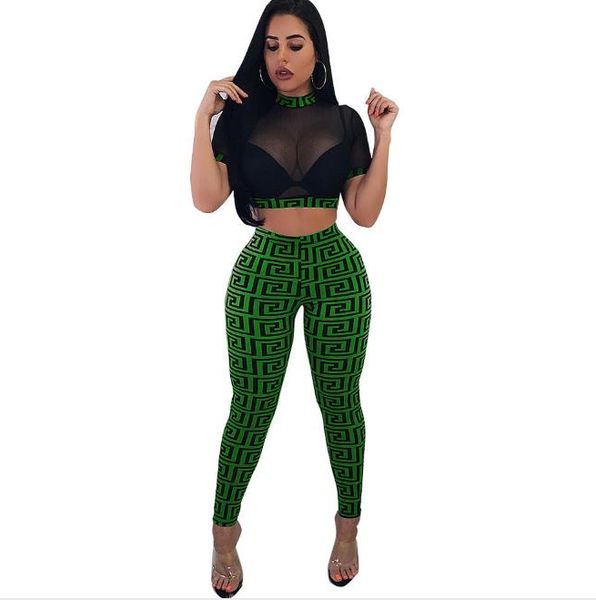 

womens brand 2 piece pants nightclubs street hip h t-shirt mesh set style pants print women suit short summer 2piece fashion 5, White