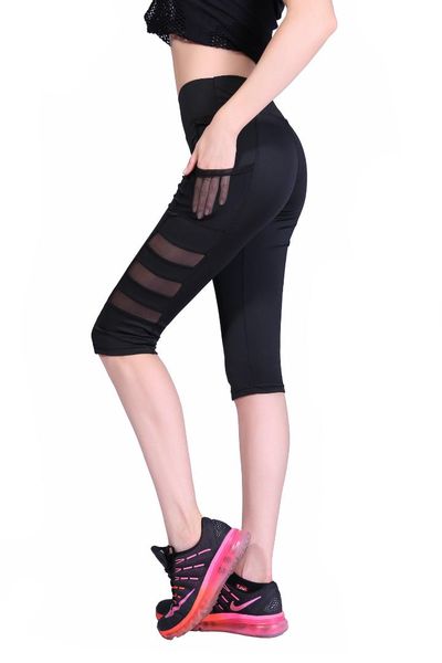

women quick dry high waist elastic pants patchwork mesh pocket cropped trousers fitness sports leisure leggings, Black
