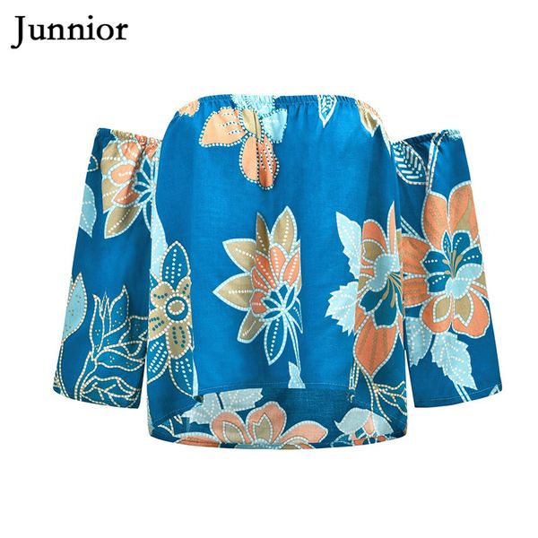 

junnior off shoulder boho for women 3/4 sleeve summer beachwear female floral print t shirts modis roupas feminina, White