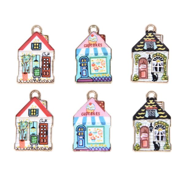 

new 10pcs 2*1.2cm lovely cartoon printing house charms pendants diy findings model jewelry material small hanging accessories, Bronze;silver