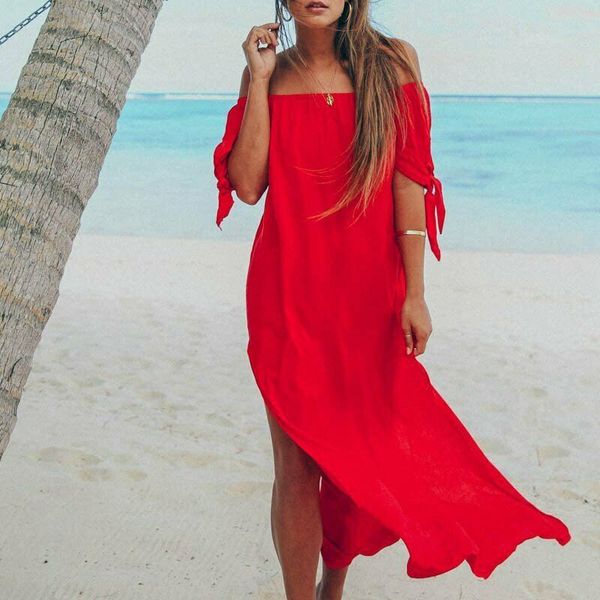 

womens maxi summer beach long dress off shoulder evening cocktail party skirt summer evening party beach slit spilt sundress, Blue;gray