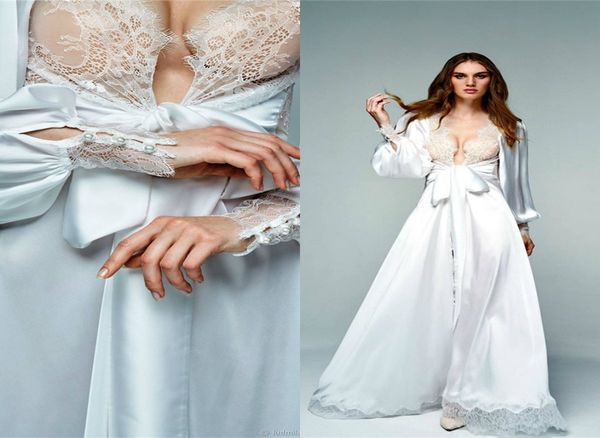

a line women bath robes high v neck long sleeve bow sash appliques lace satin silk bridal robe custom made floor-length bath robe cheap, White;pink