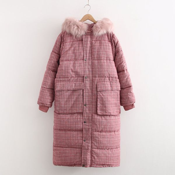 

women thick warm faux fur collar hooded plaid padded jackets long coat famale 2019 fashion outwear casual loose parka, Black
