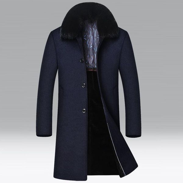 

men's wool & blends men coats winter detachable fur collar solid color luxurious coat male, Black