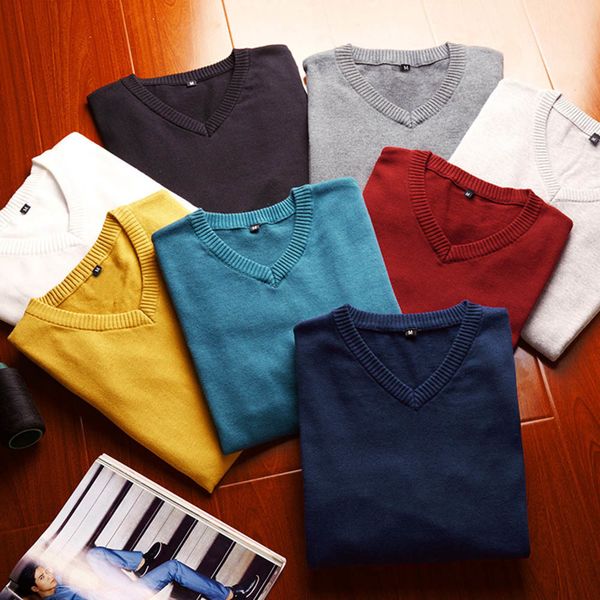 

cotton sweater men long sleeve pullovers outwear man v-neck sweaters loose solid fit knitting clothing 8colors new, White;black