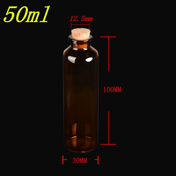 30 x 100 x 12,5 mm, 50 ml, bernsteinfarbene Glasflaschen mit Korken, leere kleine Gläser, Glaskorken, flüssige Medizinflaschen, Fläschchen, 50 Stück