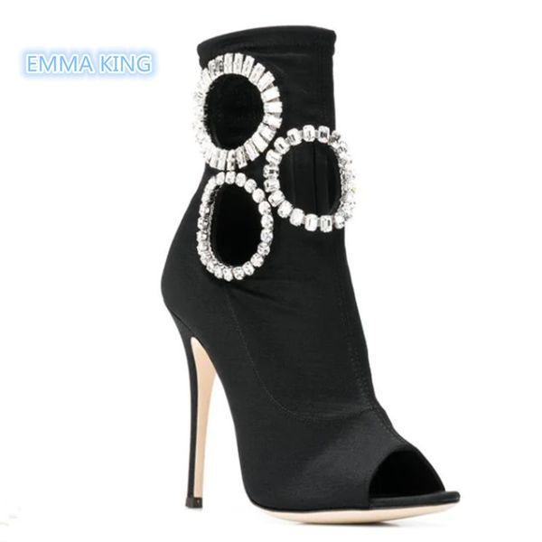 

spring 2019 round diamond embellished women ankle boots peep toe stilettos fashion shoes woman side zipper high heels boots, Black