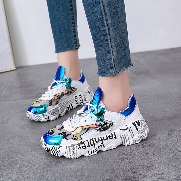 

reflective height increasing womens fashion sneakers high platform support female running shoes graffiti lightweight gym trainer