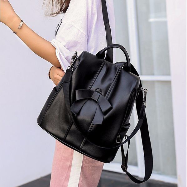

women lady bowknot big black backpack elegant plain pu leather schoolbag book zipper rucksack satchel mochila feminina
