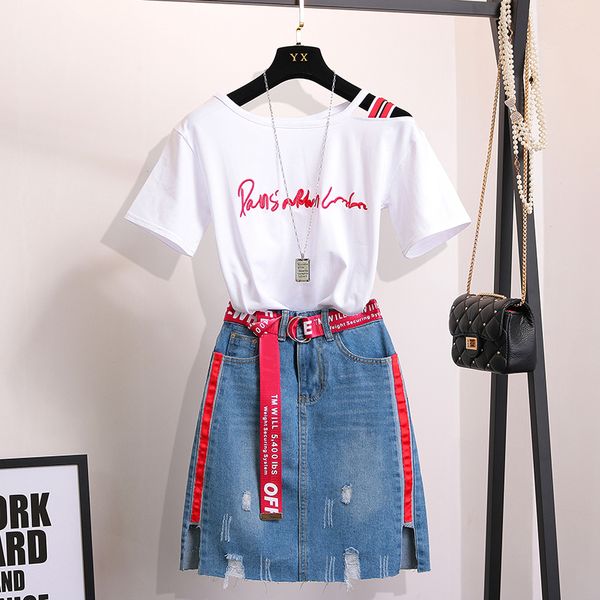 

2018 summer women shoulder letter t-shirt + denim skirt 2 pcs sets female fashion suits a209, White