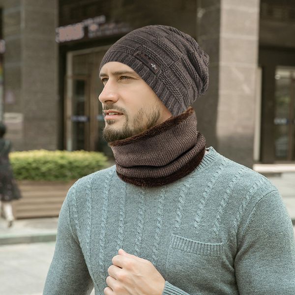 

warm beanie 2019 fashion autumn with scarf mens hat wool winter cap men wool knitted hat scarf winter mens hats snow casquette#3, Blue;gray