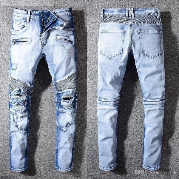 

mens distressed ripped biker jeans slim fit motorcycle biker fashion designer hip hop denim pants good quality 1076, Blue