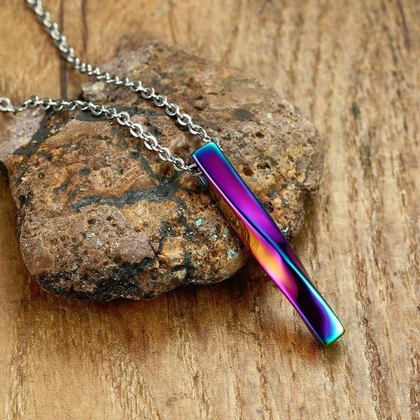 

square twisted column pendant necklace for men stainless steel male female couples jewelry oxidation rainbow silver gold tone
