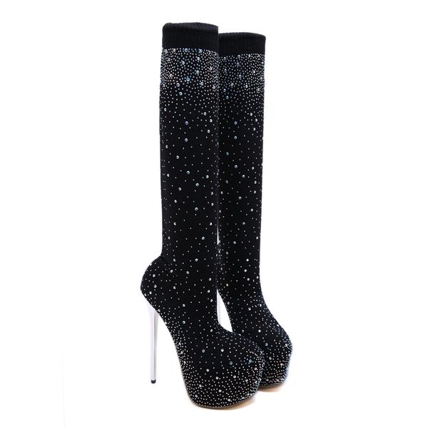 

fall boots women crystal stretch fabric sock boots 16cm heel over the knee black platform shoes autumn ladies long