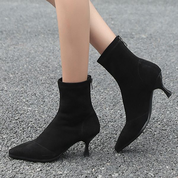 

moxxy pointed toe high heels women boots basic shoes autumn and winter casual female ankle boots thin heel zip outwear shoes, Black