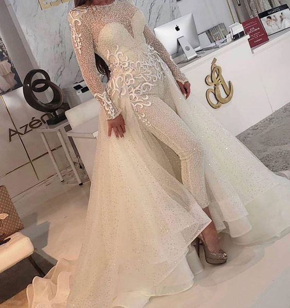 

2020 wedding jumpsuits with detachable train lace appliqued sequins jewel neck beach wedding dress robes de mariÃ©e boho bridal gowns 4513, White