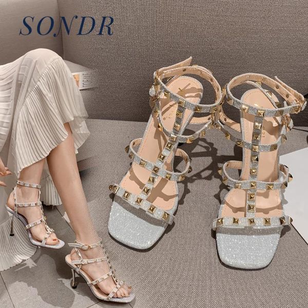 

runway high-heeled shoes open-toed stiletto heel shoes 2020 summer t-strap buckle matte glitter gold sandals, Black