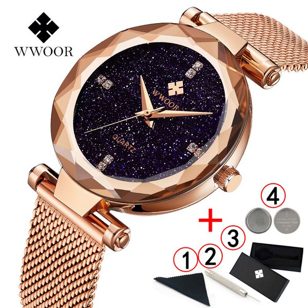 

wwoor watch women 2019 fashion starry sky wristwatches women rose gold watches steel band 2019, Slivery;brown