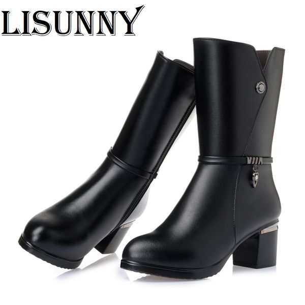 

women long dress boots 2020 winter new genuine leather female boots fashion thick wool big size women party shoes, Black