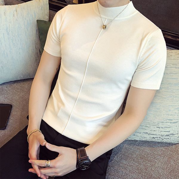 

2019 summer turtleneck men's ice silk knit short-sleeved korean version half-sleeved clothes thin japan style white gray, White;black