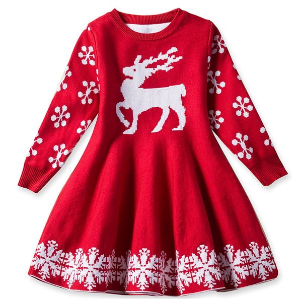 

kids dresses for girls long sleeve deer snowflake print dress new year costume princess dress kids christmas clothes vestidos, Red;yellow
