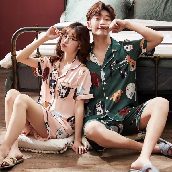 

couple's pajamas women's short-sleeved thin ice silk large size summer men's factory leisure set pajamas sleepwear homewear, Black;red