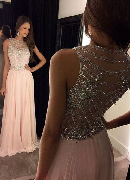 

pink chiffon prom dresses long party dress a line jewel sweep train sequins beaded sheer neck evening gowns scoop party dresses, Black;red