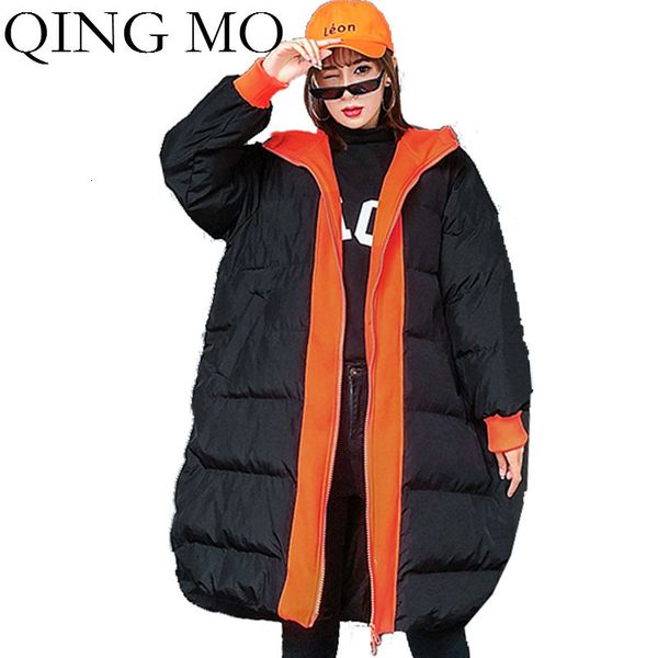 

qing mo winter wome hooded parkas 2019 women patchwork color parkas thick warm jacket coat female streetwear loose parka zqy2306, Black