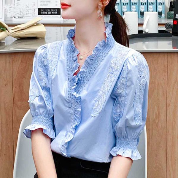 

2020 new fashion short sleeve white shirt korean ruffle women v neck patchwork lace blouse