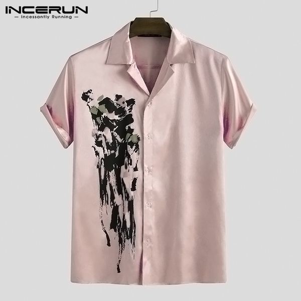 

summer men printed shirt soft short sleeve vintage breathable faux silk satin lapel 2020 street casual camisa s-5xl incerun, White;black