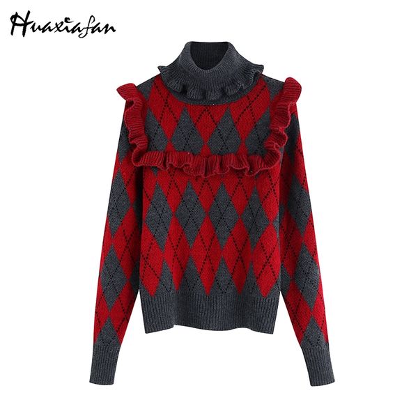 

knitwear sweater women red plaid autumn winter turtleneck high neck sweater femme pullover long sleeve ruffles, White;black