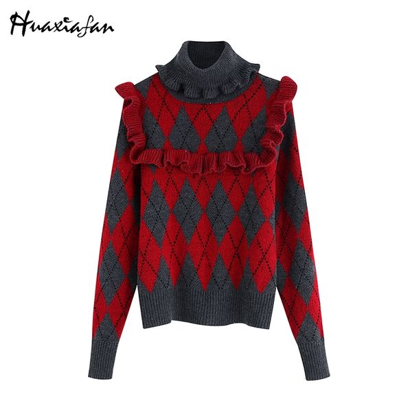 maglione lavorato a maglia Donna scozzese rosso autunno inverno dolcevita collo alto maglione femme pullover manica lunga volant top