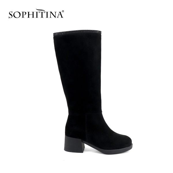 

sophitina new stylish ladies knee-high boots comfortable round toe square heel shoes basic handmade high heel women boots sc362, Black