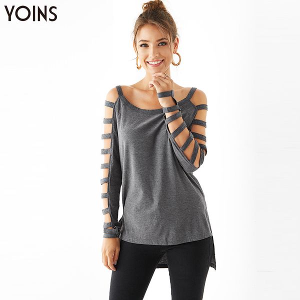 

yoins women stylish blouse ladder cut sleeve 2019 hollow out scoop neck slit high-low hem shirt casual regular femme, White