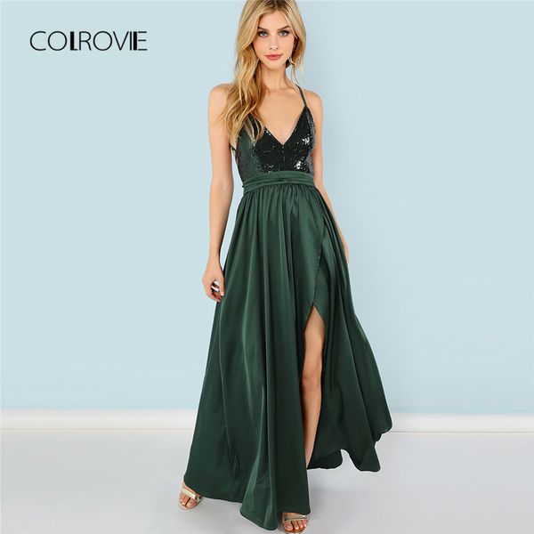 

COLROVIE Green Sequin Split V-Neck Summer Dress 2018 New High Waist Backless Maxi Dress Sexy Satin Women Evening Party