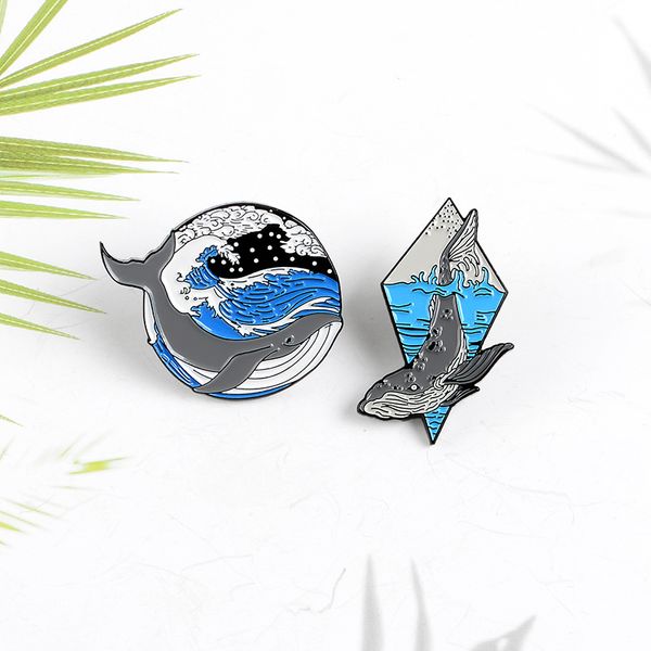 

blue sea and whale enamel pins marine animal ocean wave brooches backpack clothes lapel pin gift for women men, Gray