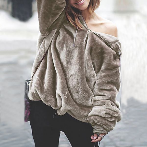 

дамы осень зима повседневная с капюшоном пуловеры с длинным рукавом галстук воротник свободные пиджаки толстовки мода меховые кофты для женщ, Black