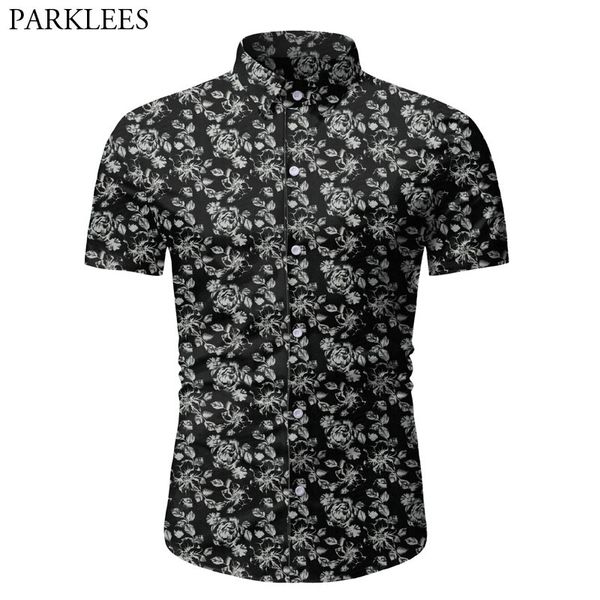 

men's casual shirts floral print fashion shirt men summer short sleeve button down mens holiday vacation social male chemise 3xl, White;black