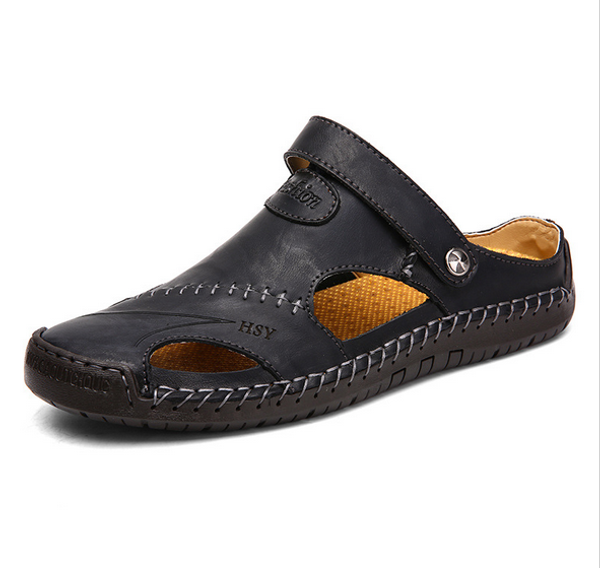 

2020 new large size sandals men's summer leather outdoor beach shoes soft bottom european and american handmade sandals and slip, Black